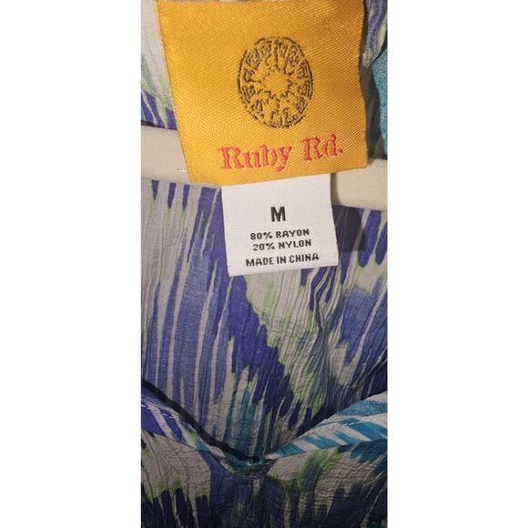 Ruby Rd Boho Tunic Top M – Blue Purple Ikat Print 3/4 Sleeve Tassel Blouse - Picture 4 of 4